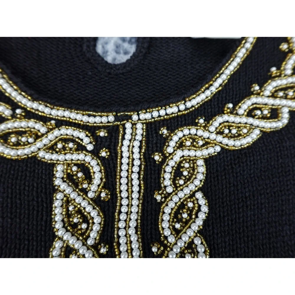 Victoria Harbour Beaded Sweater Womens Large‎ Black Gold Faux Pearl Ramie Cotton